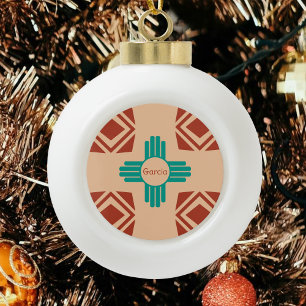 Turquoise Zia Tribal Brown Tan Ceramic Ball Christmas Ornament