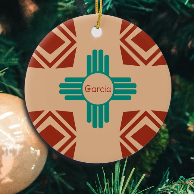 Turquoise Zia Tribal Brown Tan Ceramic Ornament (Creator Uploaded)