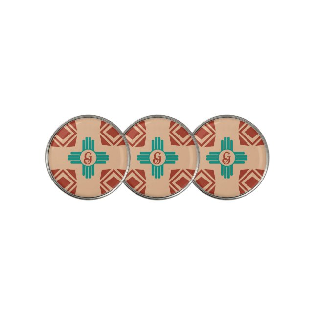 Turquoise Zia Tribal Brown Tan Golf Ball Marker (3 Up)