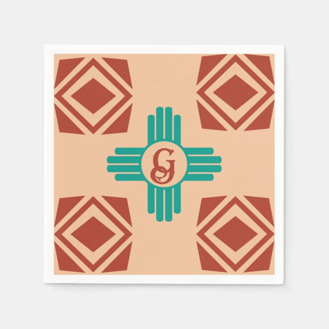 Turquoise Zia Tribal Brown Tan Napkins (Front)