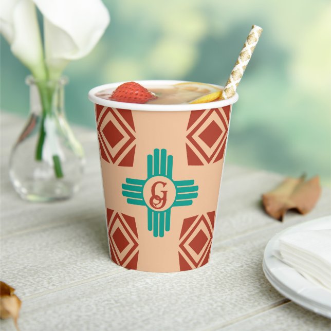 Turquoise Zia Tribal Brown Tan Paper Cups (Insitu)