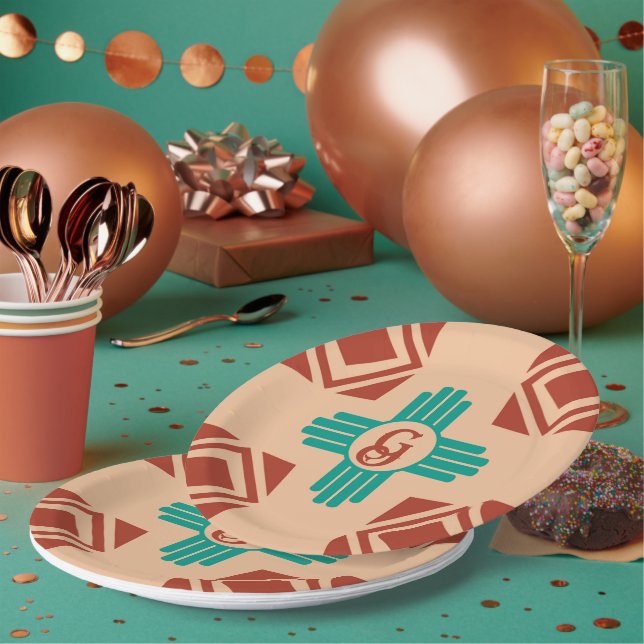 Turquoise Zia Tribal Brown Tan Paper Plates (Multi)