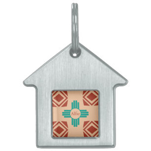 Turquoise Zia Tribal Brown Tan Pet ID Tag