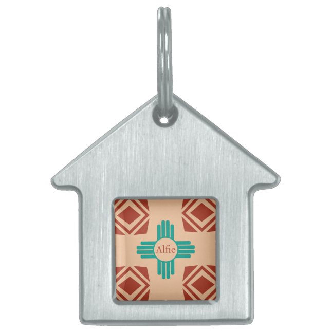 Turquoise Zia Tribal Brown Tan Pet ID Tag (Front)