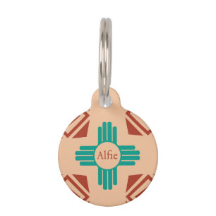 Turquoise Zia Tribal Brown Tan Pet ID Tag