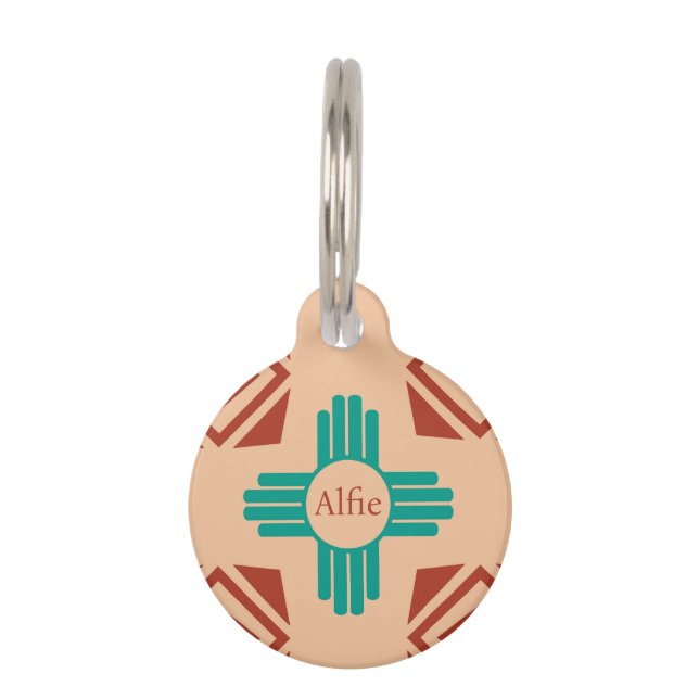 Turquoise Zia Tribal Brown Tan Pet ID Tag (Front)