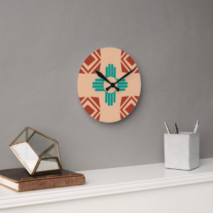 Turquoise Zia Tribal Brown Tan Round Clock