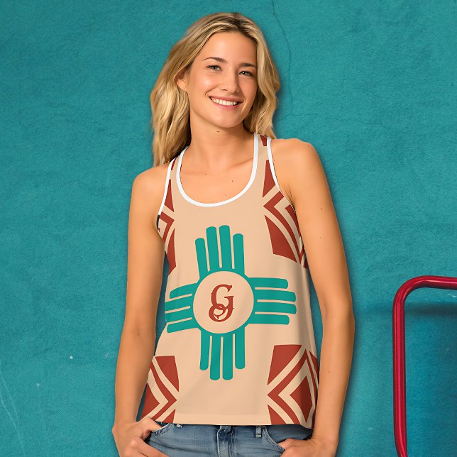 Turquoise Zia Tribal Brown Tan Tank Top (Creator Uploaded)