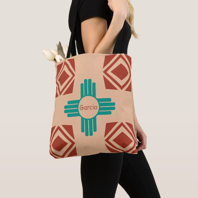 Turquoise Zia Tribal Brown Tan Tote Bag (Close Up)