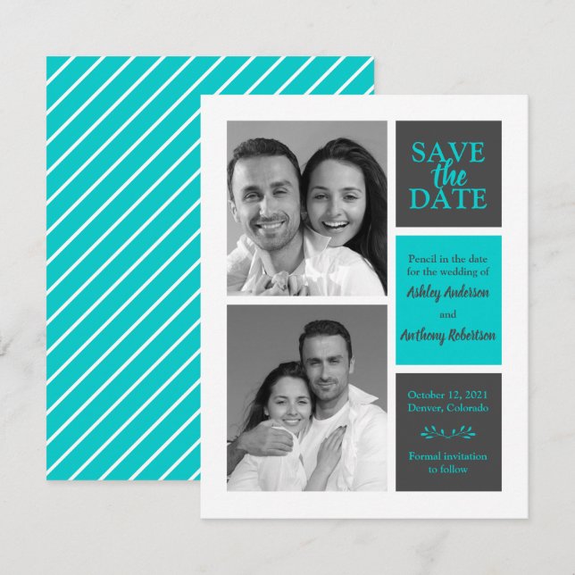 TurquoiseGray Minimalist Modern Photo Save Date Announcement (Front/Back)