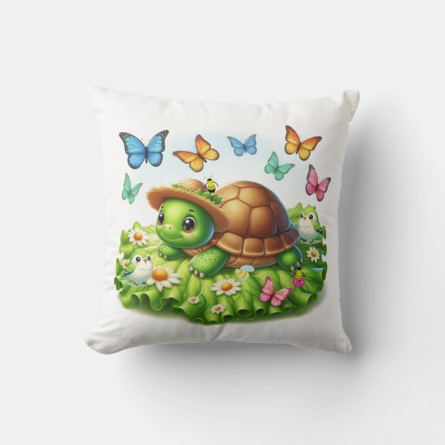 Turtle and Birds in a Garden of Whimsy  Throw Pillow (Front)