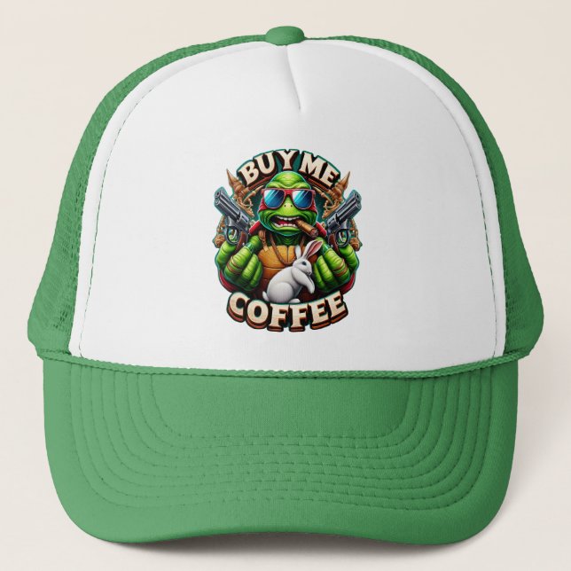 Turtle and Bunny: Unlikely Allies Buy Me A Coffee Trucker Hat (Front)