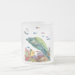 Turtle and fishes in the sea frosted glass coffee mug