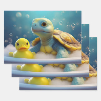 Turtle and Rubber Duck in Bubble Bath Wrapping Paper Sheets