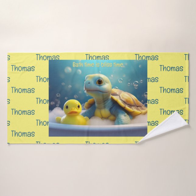 Turtle and Rubber Duck in the Bath Custom Text Bath Towel (Bath Towel)