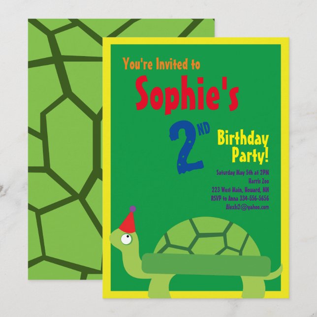 Turtle Animal Kid's Birthday Party Invitations (Front/Back)