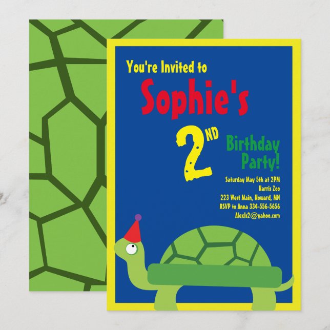 Turtle Animal Kid's Birthday Party Invitations (Front/Back)