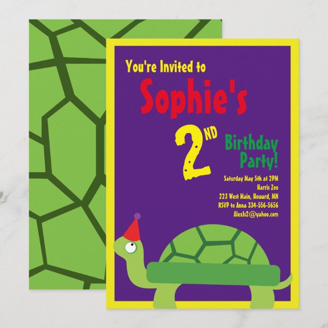 Turtle Animal Kid's Birthday Party Invitations (Front/Back)