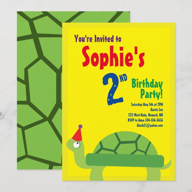 Turtle Animal Kid's Birthday Party Invitations (Front/Back)