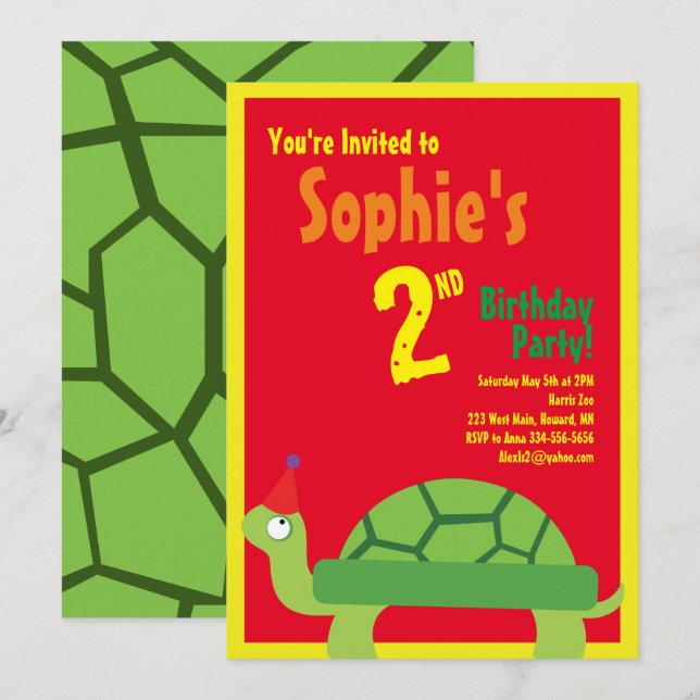 Turtle Animal Kid's Birthday Party Invitations (Front/Back)