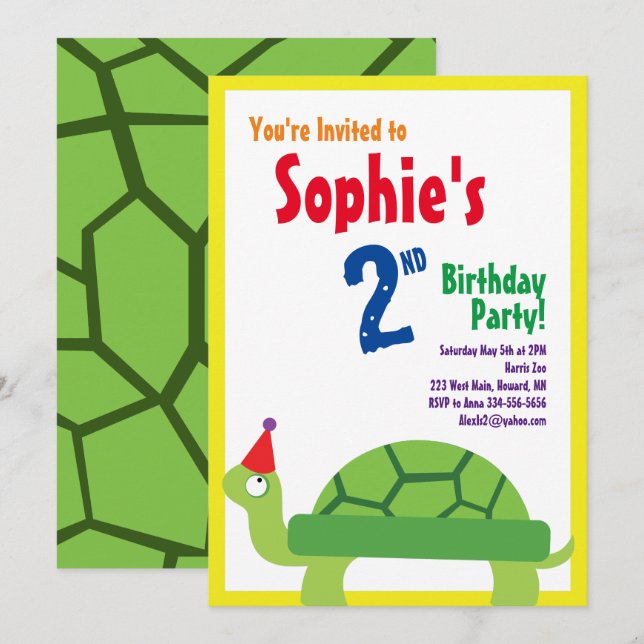 Turtle Animal Kid's Birthday Party Invitations (Front/Back)