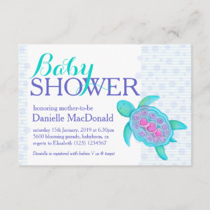 Turtle art baby shower aqua purple invitations