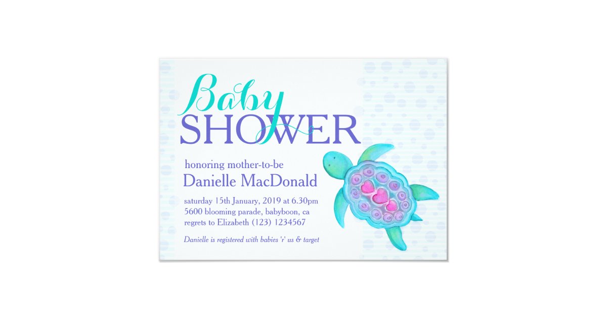 Turtle Art Baby Shower Aqua Purple Invitations Zazzle Com