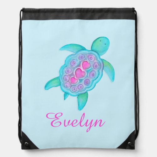 Turtle art kids name aqua pink drawstring bag