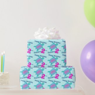 Turtle art pink aqua age name 2nd birthday wrap wrapping paper