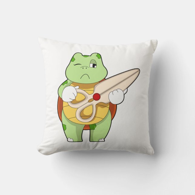 Turtle as Hairdresser with Scissors Throw Pillow (Front)