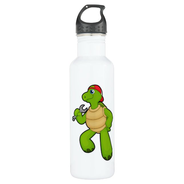 Turtle as Mechanic with Wrench & Cap Stainless Steel Water Bottle (Front)