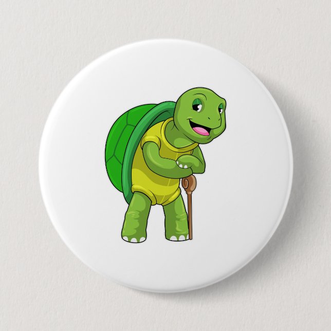 Turtle as Pensioner with Walking stick Button (Front)