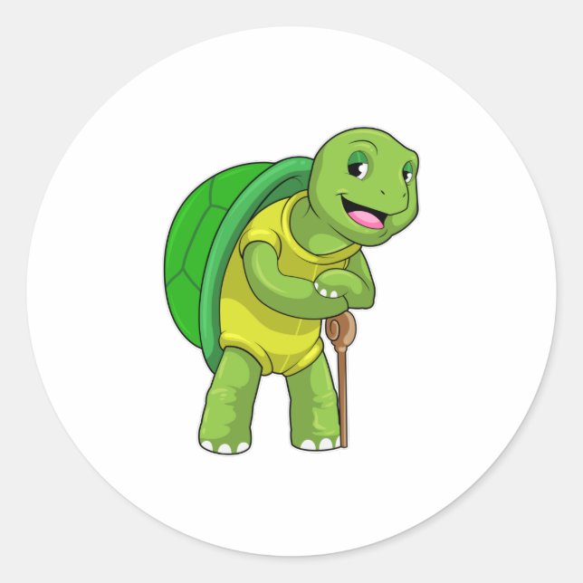 Turtle as Pensioner with Walking stick Classic Round Sticker (Front)