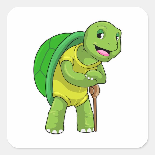 Turtle as Pensioner with Walking stick Square Sticker (Front)