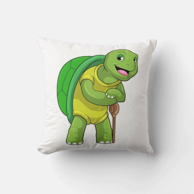 Turtle as Pensioner with Walking stick Throw Pillow (Front)