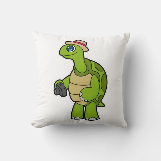 Turtle as Photographer with Camera Throw Pillow (Front)