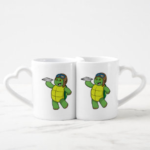 Turtle as Pilot with Paper plane Coffee Mug Set
