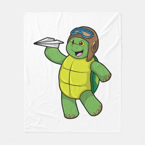 Turtle as Pilot with Paper plane Fleece Blanket