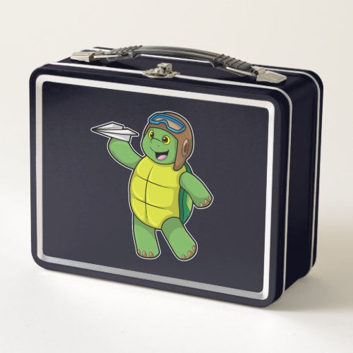 Turtle as Pilot with Paper plane Metal Lunch Box