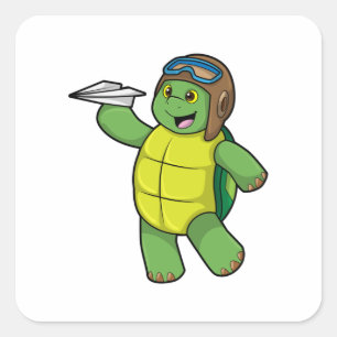 Turtle as Pilot with Paper plane Square Sticker