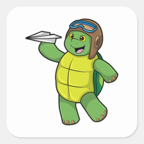 Turtle as Pilot with Paper plane Square Sticker