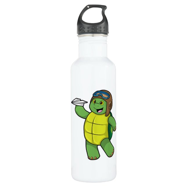 Turtle as Pilot with Paper plane Stainless Steel Water Bottle (Front)