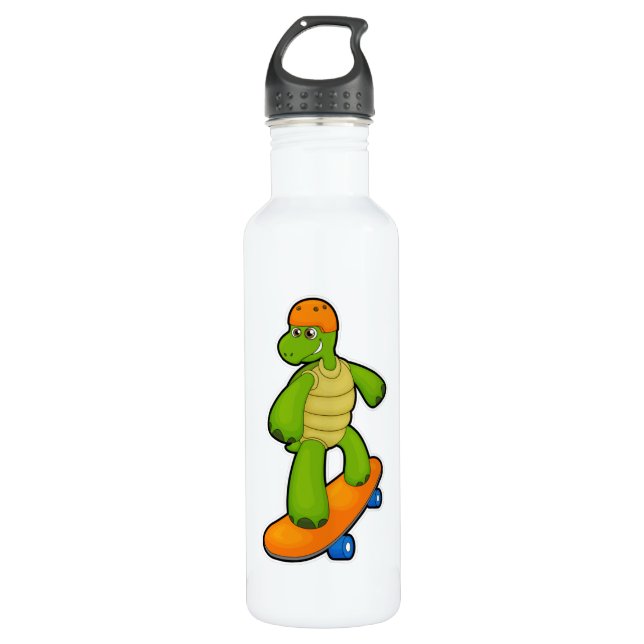Turtle as Skateboarder with Skateboard & Helmet Stainless Steel Water Bottle (Front)