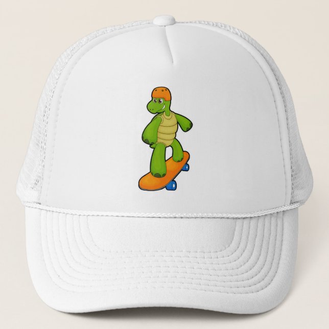 Turtle as Skateboarder with Skateboard & Helmet Trucker Hat (Front)