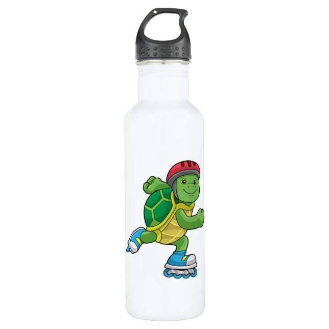 Turtle as Skater with Inline skates & Helmet Stainless Steel Water Bottle (Front)