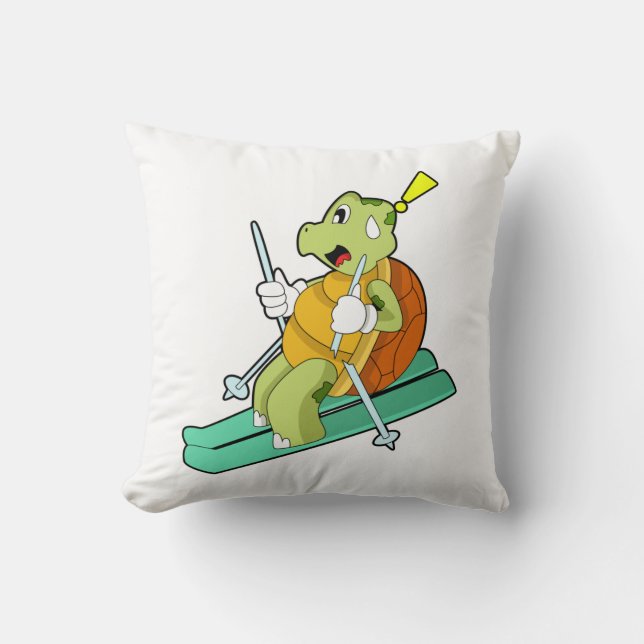 Turtle as Skier with Ski Throw Pillow (Front)