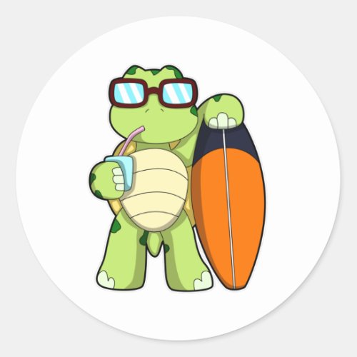 Turtle as Surfer with Surfboard  Drink Classic Round Sticker