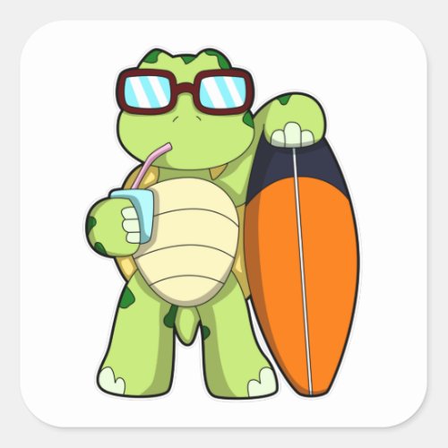 Turtle as Surfer with Surfboard  Drink Square Sticker