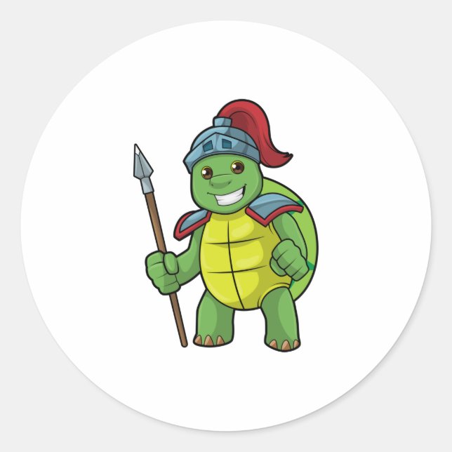 Turtle as Warrior with Spear & Helmet Classic Round Sticker (Front)