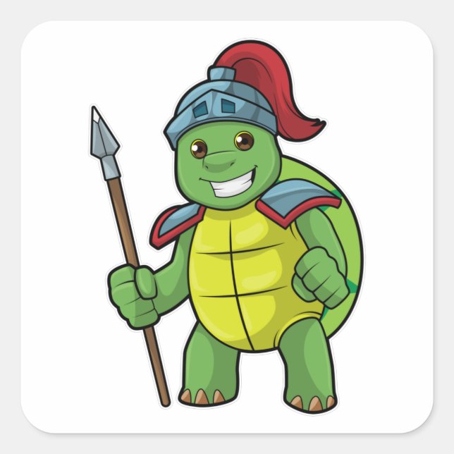 Turtle as Warrior with Spear & Helmet Square Sticker (Front)
